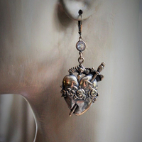 The Deeper that Sorrow Earrings w/Bronze Sacred Heart Medals,Antique Bezel Set Crystal Connectors,Bronze Earring Wires