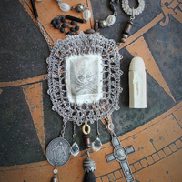 Antique Sacred Heart Blessing Bag w/Antique Holy Water Vessel,Multiple Antique Rosary & Bead Findings,Silk Black Tassel,Faceted Pyrite+