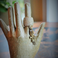 Amazing Wide Sterling Vermeil Pave Diamante Ring w/Antique French Medals,Tiny Gold Fill Tassel,Antique Bezel Set Crystal,Puffy Cross