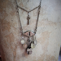 He Made the Key Necklace w/Tiny Antique Padlock & Original Key,Antique Keyhole Finding,Antique French Medals,Antique Muff Chain Crystals+ 