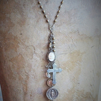 The Guardian Necklace w/Antique French Sterling Child Jesus Medal,1878 Virgin Medal,Rare Engraved Sodality Cross,Antique Child's Ring++