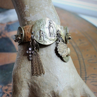 The Apparition Cuff Bracelet w/Antique French Benitier Marian Medal,Rare Antique Manger Scene Medal,Antique Prong Set Rhinestone Cross