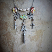 Ave Maria Necklace w/French Caron Freres Scrolled Initials AM Medals,Beveled Glass Connectors,French Crosses,Unique Fabric Finding