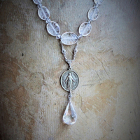 Mother Mary Necklace w/Antique Etched Rock Crystal Beads,Rare Sculptural Marian Medal,Antique Sterling Marcasite Connector,Faceted Glass Drop