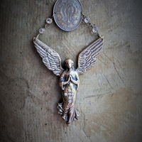 If I Listen Necklace w/Cast Bronze Winged Angel & Scrolled initials AM Medal,Antique Bezel Set Crystal Connectors,Vintage Link Chain