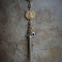 Still Standing Necklace w/RARE Antique French Jeanne D'Arc Broche Medal,Antique Gilt Faceted Crystal Chain,Antique Victorian Cross+More!