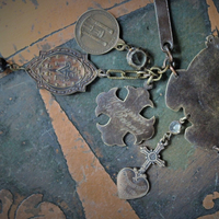 One Heart One Soul Bracelet w/Rare Antique French Bronze Medals,Way of The Cross Medallion,Antique Rock Crystal