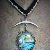 Gypsy Spirit Forgiveness Necklace w/Antique Loomed Cotton & Button "Chain",Incredible Labradorite Stone,Sterling 3 Swords Medal,Antique Scabbard,+++