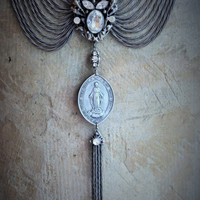Antique Art Deco Necklace w/French Marian Medal,Draping Foxtail Chain & Tassel,Antique French Faceted Rhinestone Connectors