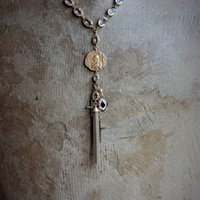 Still Standing Necklace w/RARE Antique French Jeanne D'Arc Broche Medal,Antique Gilt Faceted Crystal Chain,Antique Victorian Cross+More!