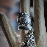 In this Sign Antique Sterling Masonic Wrap Ring w/Sterling Cross,Sterling Tassel,Antique Faceted Crystal Drop