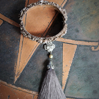 Hand Painted Antique Carved Rose Celluloid Bracelet w/Antique Sterling Rose Connector,Antique Sterling Rose Capped Silk Tassel
