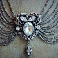 Antique Art Deco Necklace w/French Marian Medal,Draping Foxtail Chain & Tassel,Antique French Faceted Rhinestone Connectors