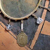 Sacred Saints Bracelet w/6 Antique French Medals,Vintage Sterling Vermeil Bangle,Antique Faceted Glass Beads,Vintage Bar Links
