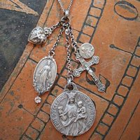 Antique Paste Sterling Chain Necklace w/Rare Antique Queen of the Clergy-St. Tarticisius Medal,Rare Antique Rose Mary+ Rare Cross Heart