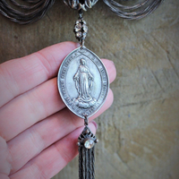 Antique Art Deco Necklace w/French Marian Medal,Draping Foxtail Chain & Tassel,Antique French Faceted Rhinestone Connectors