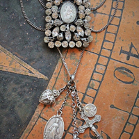 Antique Paste Sterling Chain Necklace w/Rare Antique Queen of the Clergy-St. Tarticisius Medal,Rare Antique Rose Mary+ Rare Cross Heart