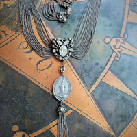Antique Art Deco Necklace w/French Marian Medal,Draping Foxtail Chain & Tassel,Antique French Faceted Rhinestone Connectors