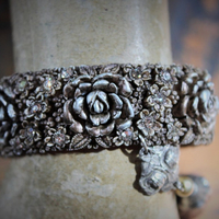 Hand Painted Antique Carved Rose Celluloid Bracelet w/Antique Sterling Rose Connector,Antique Sterling Rose Capped Silk Tassel
