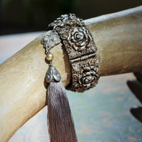 Hand Painted Antique Carved Rose Celluloid Bracelet w/Antique Sterling Rose Connector,Antique Sterling Rose Capped Silk Tassel