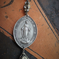 Antique Art Deco Necklace w/French Marian Medal,Draping Foxtail Chain & Tassel,Antique French Faceted Rhinestone Connectors