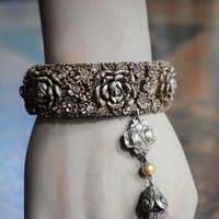 Hand Painted Antique Carved Rose Celluloid Bracelet w/Antique Sterling Rose Connector,Antique Sterling Rose Capped Silk Tassel