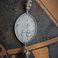 Antique Art Deco Necklace w/French Marian Medal,Draping Foxtail Chain & Tassel,Antique French Faceted Rhinestone Connectors