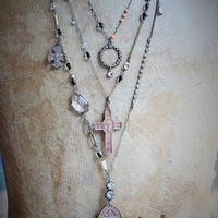 Unique Necklace Set w/Rare Antique French Lamb of God Bronze Medal+Venite Adoremus Sacred Heart Cross,Antique/Vintage Chains+Crystals++