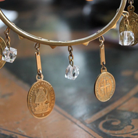 Sacred Saints Bracelet w/6 Antique French Medals,Vintage Sterling Vermeil Bangle,Antique Faceted Glass Beads,Vintage Bar Links