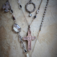 Unique Necklace Set w/Rare Antique French Lamb of God Bronze Medal+Venite Adoremus Sacred Heart Cross,Antique/Vintage Chains+Crystals++