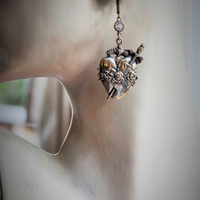 The Deeper that Sorrow Earrings w/Bronze Sacred Heart Medals,Antique Bezel Set Crystal Connectors,Bronze Earring Wires