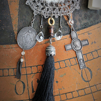 Antique Sacred Heart Blessing Bag w/Antique Holy Water Vessel,Multiple Antique Rosary & Bead Findings,Silk Black Tassel,Faceted Pyrite+