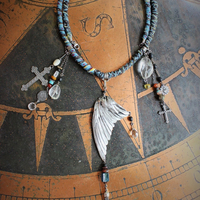 Find Your Way Home Necklace w/Antique Kantha Textile,Silver Bird Wing,Persevere Cross,Faceted Rock Quartz Nuggets,Sacred Heart Medal++