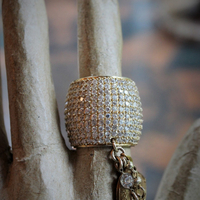 Amazing Wide Sterling Vermeil Pave Diamante Ring w/Antique French Medals,Tiny Gold Fill Tassel,Antique Bezel Set Crystal,Puffy Cross