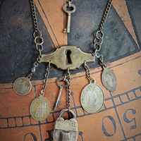 He Made the Key Necklace w/Tiny Antique Padlock & Original Key,Antique Keyhole Finding,Antique French Medals,Antique Muff Chain Crystals+ 