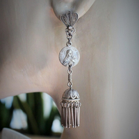 Shower of Roses Earrings w/Matching Antique French Saint Therese Medals,Antique 800 Silver Tassels and Findings
