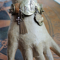 The Apparition Cuff Bracelet w/Antique French Benitier Marian Medal,Rare Antique Manger Scene Medal,Antique Prong Set Rhinestone Cross