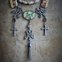 Ave Maria Necklace w/French Caron Freres Scrolled Initials AM Medals,Beveled Glass Connectors,French Crosses,Unique Fabric Finding