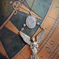 If I Listen Necklace w/Cast Bronze Winged Angel & Scrolled initials AM Medal,Antique Bezel Set Crystal Connectors,Vintage Link Chain