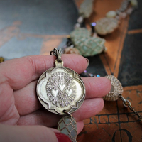 Bohemian Necklace Set w/Antique Metallic Thread Crocheted Stones,Antique Flaming Sacred Heart Medal,Antique French Rosary Chains,Drops+