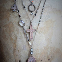 Unique Necklace Set w/Rare Antique French Lamb of God Bronze Medal+Venite Adoremus Sacred Heart Cross,Antique/Vintage Chains+Crystals++