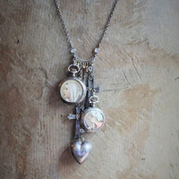 To Pray Necklace w/Antique French Sterling Pocket Watch Lockets,Sacred Heart and Thy Kingdom Come Cross,Antique Sterling Chiming Heart