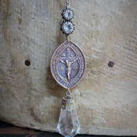 Unique Necklace Set w/Rare Antique French Lamb of God Bronze Medal+Venite Adoremus Sacred Heart Cross,Antique/Vintage Chains+Crystals++