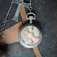 To Pray Necklace w/Antique French Sterling Pocket Watch Lockets,Sacred Heart and Thy Kingdom Come Cross,Antique Sterling Chiming Heart