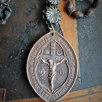 Unique Necklace Set w/Rare Antique French Lamb of God Bronze Medal+Venite Adoremus Sacred Heart Cross,Antique/Vintage Chains+Crystals++