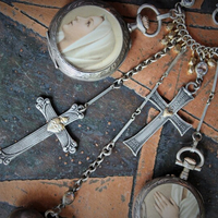 To Pray Necklace w/Antique French Sterling Pocket Watch Lockets,Sacred Heart and Thy Kingdom Come Cross,Antique Sterling Chiming Heart