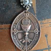 Unique Necklace Set w/Rare Antique French Lamb of God Bronze Medal+Venite Adoremus Sacred Heart Cross,Antique/Vintage Chains+Crystals++