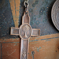 Unique Necklace Set w/Rare Antique French Lamb of God Bronze Medal+Venite Adoremus Sacred Heart Cross,Antique/Vintage Chains+Crystals++