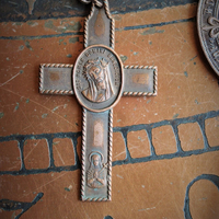 Unique Necklace Set w/Rare Antique French Lamb of God Bronze Medal+Venite Adoremus Sacred Heart Cross,Antique/Vintage Chains+Crystals++