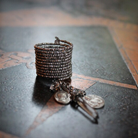 Antique Faceted Cut Steel Bead 12 Coil Ring w/Antique French Medals,Sterling Capped Crystal Point,Antique Faceted Crystal Drops